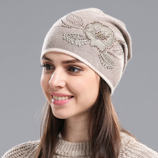 Winter Hat Sleeve Cap Thick Wool Women's Warm With Diamond