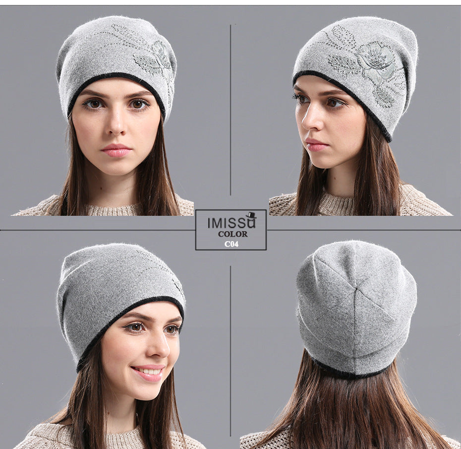 Winter Hat Sleeve Cap Thick Wool Women's Warm With Diamond