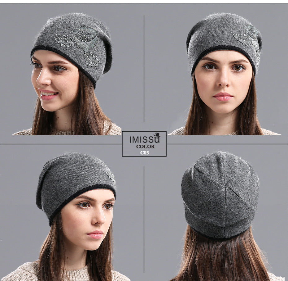 Winter Hat Sleeve Cap Thick Wool Women's Warm With Diamond