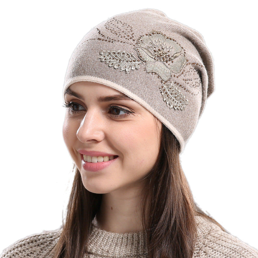 Winter Hat Sleeve Cap Thick Wool Women's Warm With Diamond