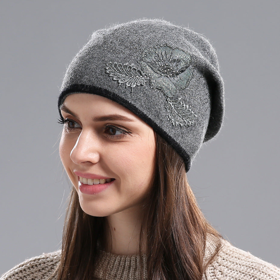Winter Hat Sleeve Cap Thick Wool Women's Warm With Diamond