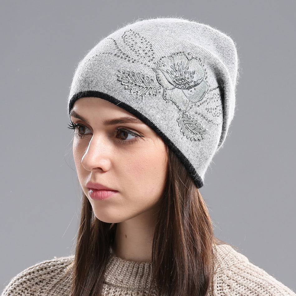 Winter Hat Sleeve Cap Thick Wool Women's Warm With Diamond