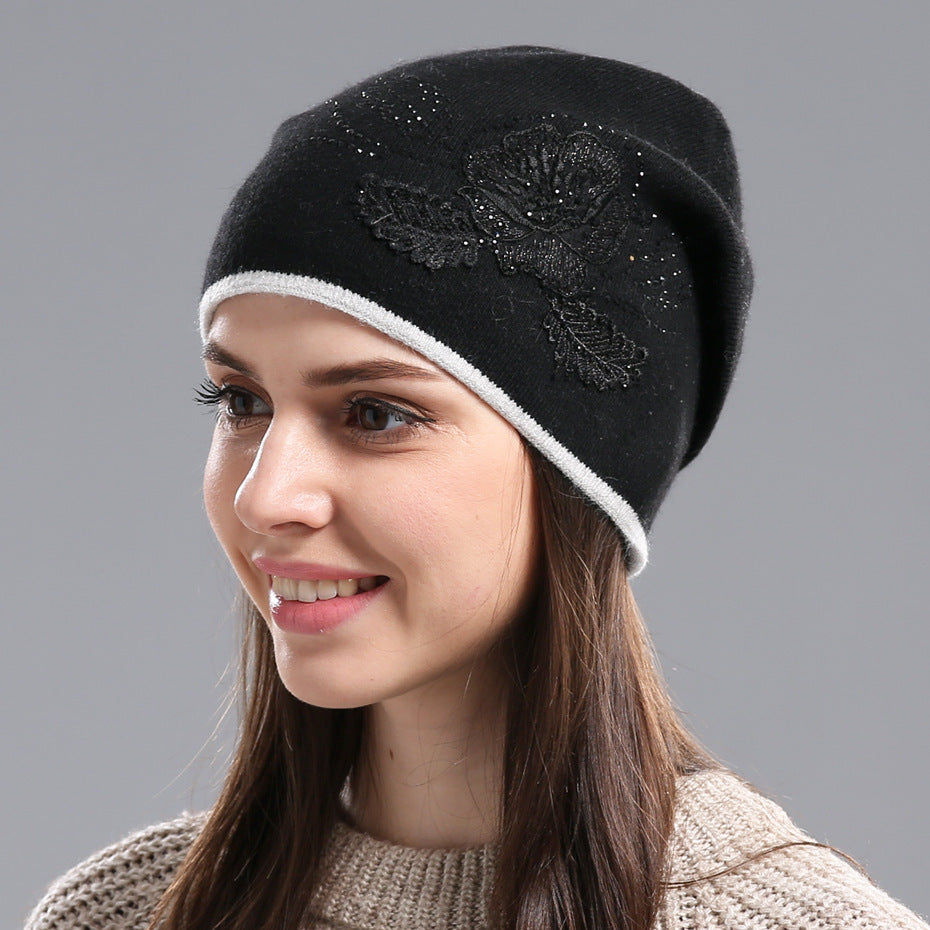 Winter Hat Sleeve Cap Thick Wool Women's Warm With Diamond